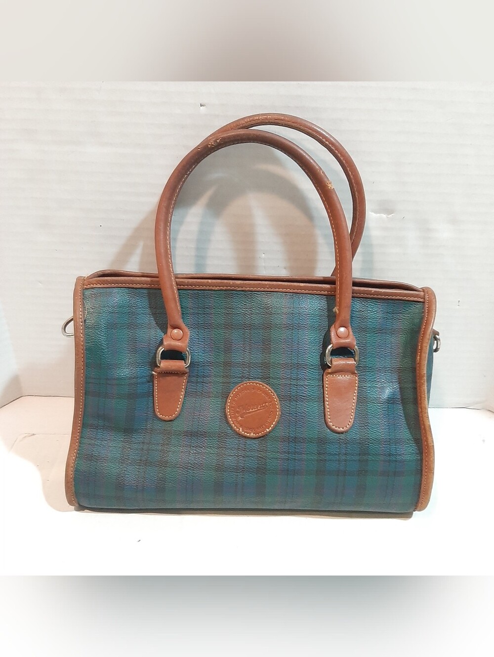 Vintage Merona satchel handbag classic dark green and blue "Black Watch" tartan